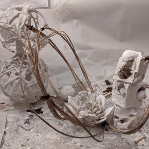 Assemblage I, plaster, bast fibers, hair, wood