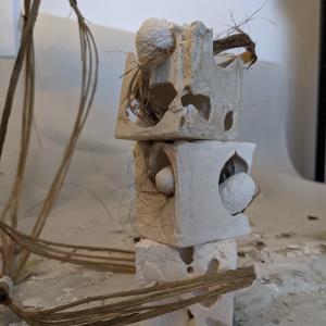 Bone Cubes I, plaster, bast fibers, hair