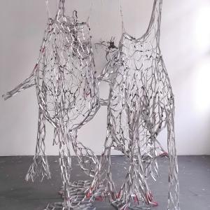 Reciprocal Space, beverage cartons, tape, gesso, 280 x 180 x 90 cm.